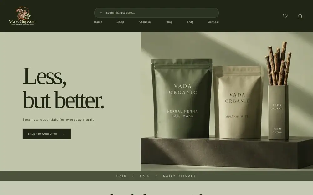 Vada Organic website homepage screenshot
